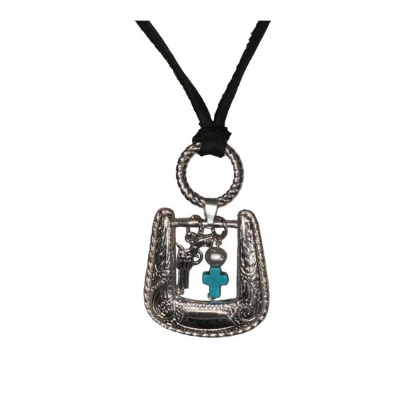 Upcycled Vintage Belt Buckle Pendant W/ Turquoise Western Style Leather Necklace - Picture 6 of 8